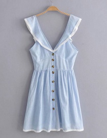 Fashion Blue V-neck Small Flying Sleeve Single-breasted Dress