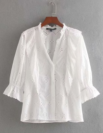 Fashion White Openwork Embroidered V-neck Single-breasted Shirt