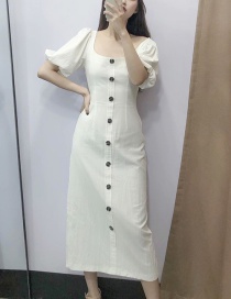 Fashion White Round Neck Puff Sleeve Single-breasted Dress