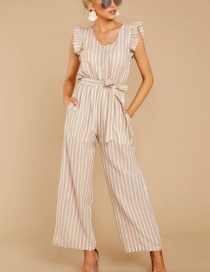 Fashion Khaki Ruffled Striped Print Jumpsuit