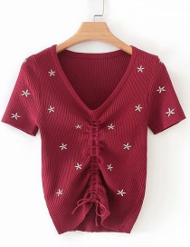 Fashion Red Embroidered V-neck Drawstring T-shirt