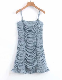Fashion Gray Blue Dotted Printed Sling Pleated Dress