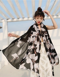 Fashion Black Crane Cotton And Linen Printed Scarves