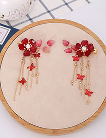 Fashion Red Flower Butterfly Crystal Tassel Hair Clip