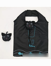 Fashion Black Cat Polyester Cartoon Folding Green Shopping Bag