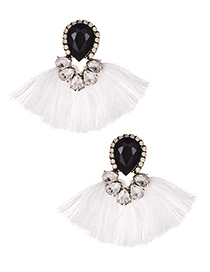 Fashion White + Black Alloy Diamond Drop Tassel Earrings