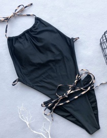 Fashion Black Drawstring Contrast Print One-piece Swimsuit