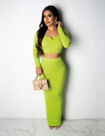 Fashion Green Small V-neck Top + Skirt Two-piece Suit