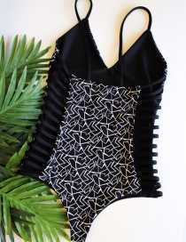 Black Geometry Printed Straps Openwork Backless One-piece Swimsuit