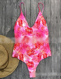 Pink Flower Printed Straps Openwork Backless One-piece Swimsuit