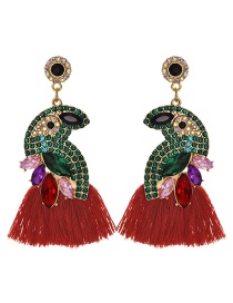 Fashion Red + Green Alloy Diamond-studded Bird Tassel Earrings