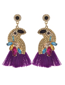 Fashion Purple + Champagne Alloy Diamond-studded Bird Tassel Earrings