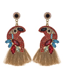 Fashion Khaki + Red Alloy Diamond-studded Bird Tassel Earrings