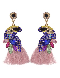 Fashion Pink + Royal Blue Alloy Diamond-studded Bird Tassel Earrings
