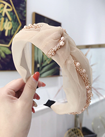 Fashion Beige Lace Mesh Yarn Pearl Knotted Wide-brimmed Headband