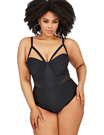 Fashion Black Solid Color Hard Steel Plated One-piece Swimsuit