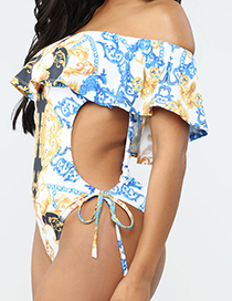 Fashion White Ruffled Coco Print One Piece Swimsuit
