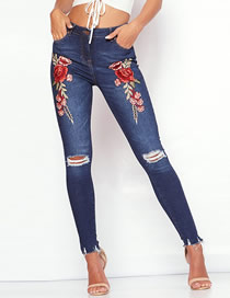 Fashion Navy Blue Shredded Embroidery Jeans