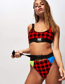 Fashion Red Socket Print Stitching Split Swimsuit