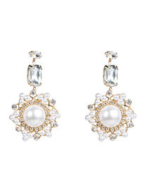 Fashion White  Silver Needle Acrylic Diamond Imitation Pearl Flower Earrings