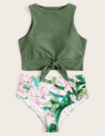 Fashion Green Print Printed High Waist Split Swimsuit