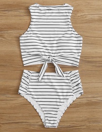 Fashion White Stripe Printed High Waist Split Swimsuit