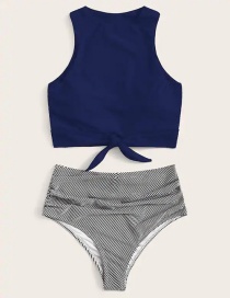 Fashion Blue Stripes Printed High Waist Split Swimsuit