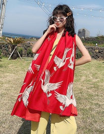 Fashion Crane Red Cotton And Linen Large Sunscreen Shawl