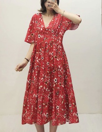 Fashion Red Flower Print V-neck Dress