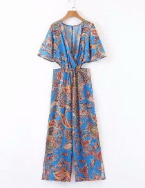 Fashion Blue Flower Print Halter V-neck Jumpsuit