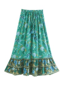 Fashion Green Phoenix Bird Print Elastic Waist Strap Skirt