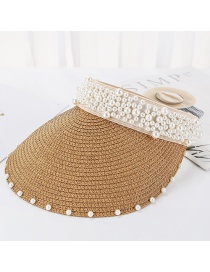 Fashion Light Brown Sewn Pearl Empty Straw Hat
