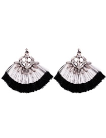 Fashion Black Alloy Studded Contrast Double Tassel Earrings