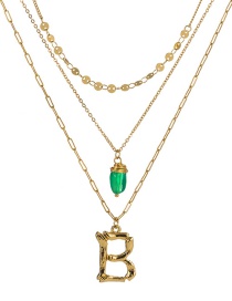 Fashion B Gold Letter Green Natural Stone Multi-layer Necklace