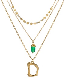 Fashion D Gold Letter Green Natural Stone Multi-layer Necklace