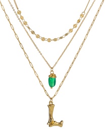 Fashion L Gold Letter Green Natural Stone Multi-layer Necklace