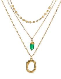 Fashion O Gold Letter Green Natural Stone Multi-layer Necklace