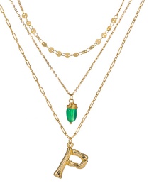 Fashion P Gold Letter Green Natural Stone Multi-layer Necklace