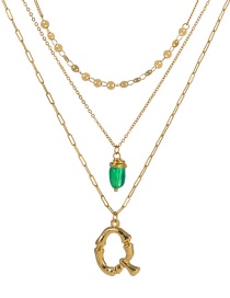 Fashion Q Gold Letter Green Natural Stone Multi-layer Necklace
