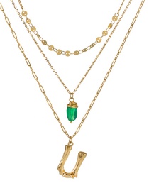 Fashion U Gold Letter Green Natural Stone Multi-layer Necklace