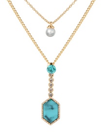 Fashion Gold + Blue Turquoise Diamond Crystal Cluster Pearl Double Layer Necklace