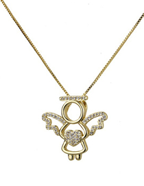Fashion Gold Heart With A Halo Angel Copper Plated Zirconium Necklace