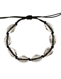 Fashion Black Line + Small Thick Silver Alloy Shell Weave Bracelet