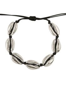 Fashion Black Line + Large Thick Silver Alloy Shell Weave Bracelet