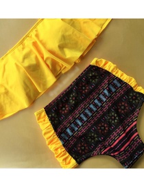 Fashion Yellow Print High-waisted Shoulder Ruffled Printed Bikini