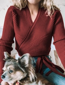 Fashion Red Wine Deep V-neck Bow Cardigan Sweater