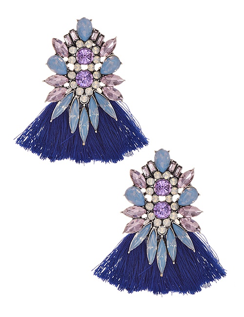 Fashion Royal Blue + Pink Alloy Diamond Drop Tassel Earrings