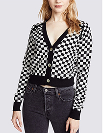 Fashion Black And White Grid Plaid V-neck Knit Cardigan