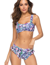 Fashion Purple Floral Split Swimsuit