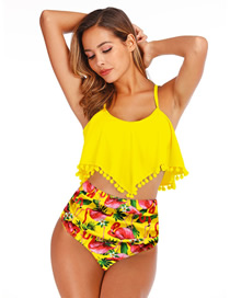 Fashion Yellow Hair Ball Print Ruffled Split Swimsuit